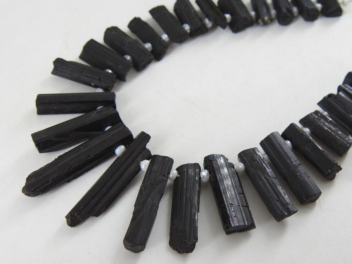 Natural Black Tourmaline Rough Stick Beads, Raw Crystal Points 10 Inches Strand, 15X5 To 8X5MM Long Gemstone, Wholesale Jewelry Supply R6