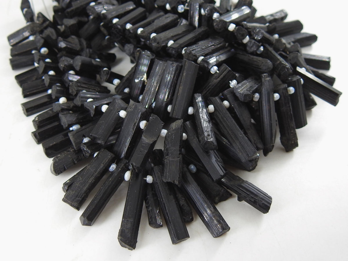 Natural Black Tourmaline Rough Stick Beads, Raw Crystal Points 10 Inches Strand, 15X5 To 8X5MM Long Gemstone, Wholesale Jewelry Supply R6