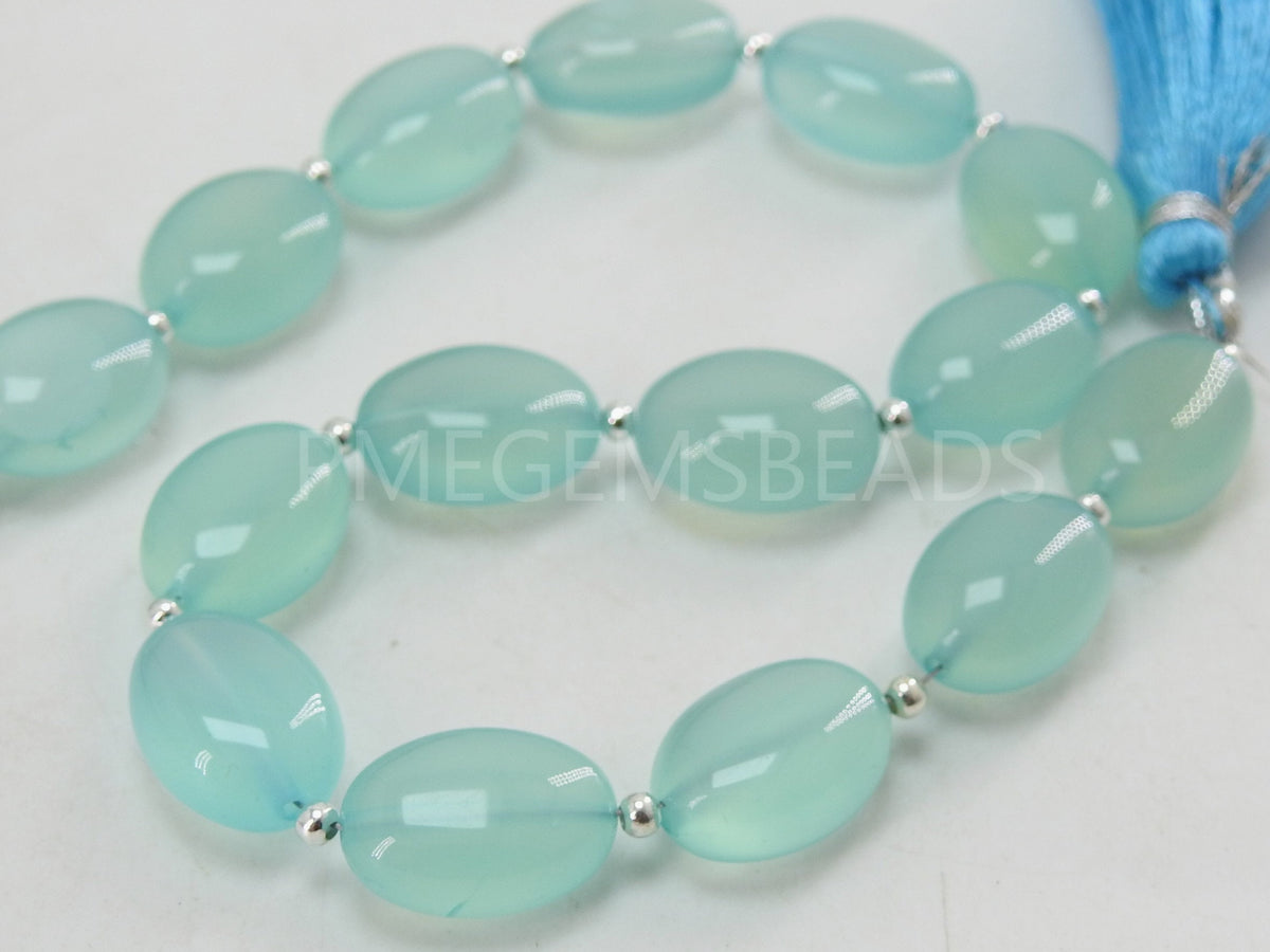 Aqua Blue Chalcedony Smooth Oval Tumble Beads, 14x10mm Polished Gemstone Strand, 10 Pieces Wholesale Jewelry Making Supplies