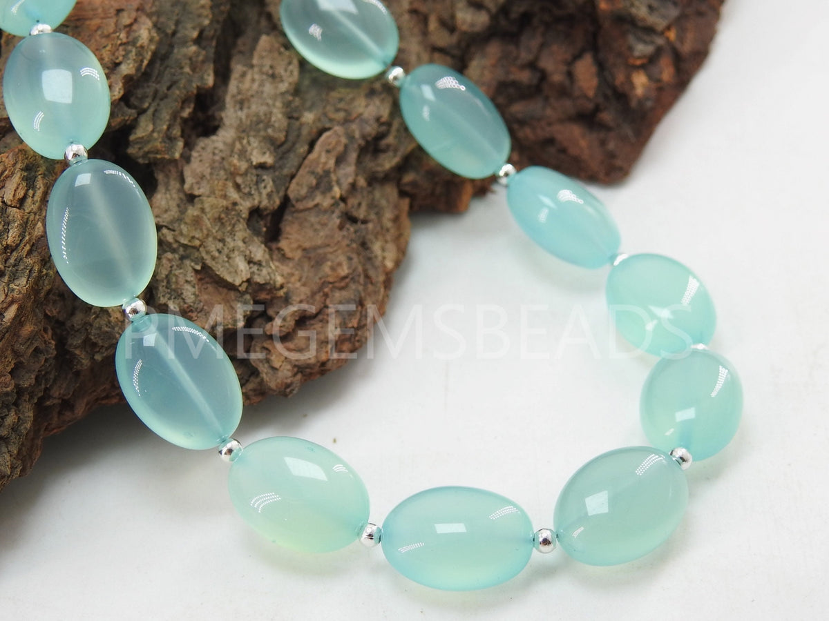 Aqua Blue Chalcedony Smooth Oval Tumble Beads, 14x10mm Polished Gemstone Strand, 10 Pieces Wholesale Jewelry Making Supplies