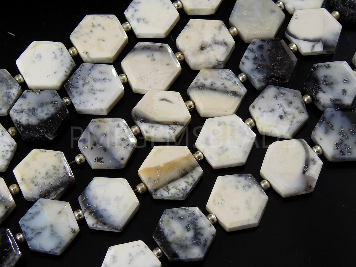 Natural Dendrite Opal Faceted Hexagon Beads, 14 Piece Strand 8x8mm to 10x10mm, Merlinite Geometric Gemstones for Jewelry Supplies Wholesaler