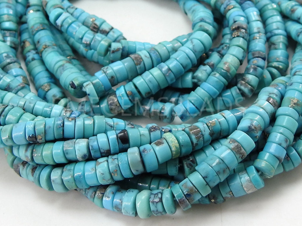 Natural Arizona Turquoise Smooth Tire Beads, Blue Wheel Coin Button Strand 9 Inches, Wholesale Gemstone Supplies for Jewelry Making PME-T4