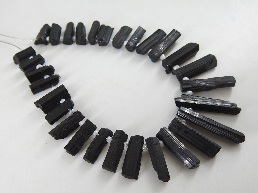 Natural Black Tourmaline Rough Stick Beads, Raw Crystal Points 10 Inches Strand, 15X5 To 8X5MM Long Gemstone, Wholesale Jewelry Supply R6
