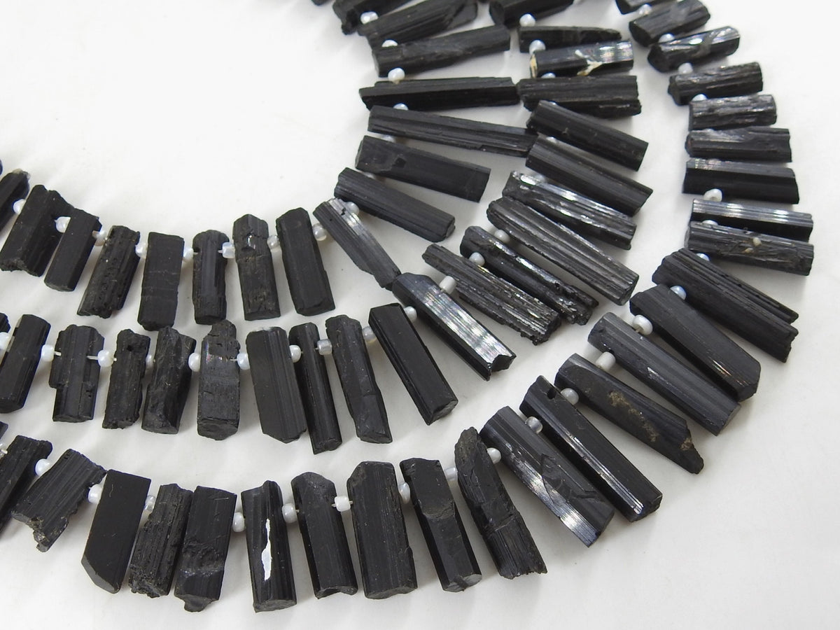 Natural Black Tourmaline Rough Stick Beads, Raw Crystal Points 10 Inches Strand, 15X5 To 8X5MM Long Gemstone, Wholesale Jewelry Supply R6