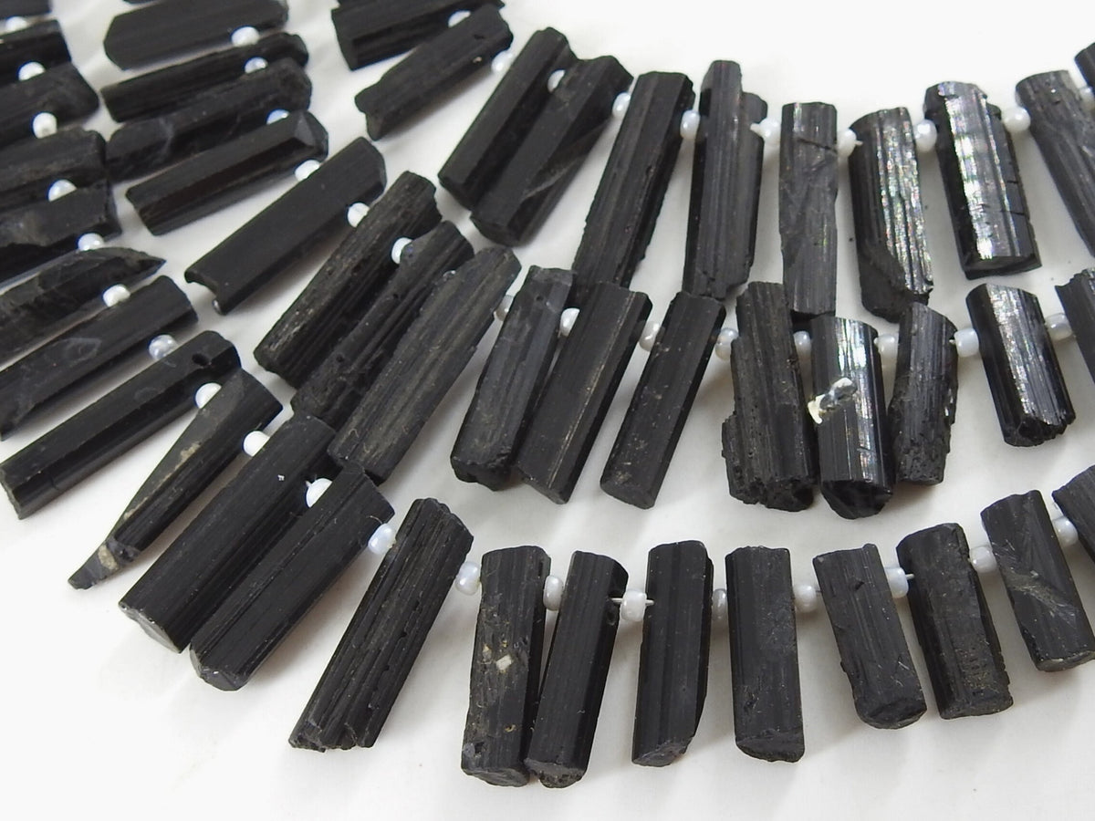 Natural Black Tourmaline Rough Stick Beads, Raw Crystal Points 10 Inches Strand, 15X5 To 8X5MM Long Gemstone, Wholesale Jewelry Supply R6