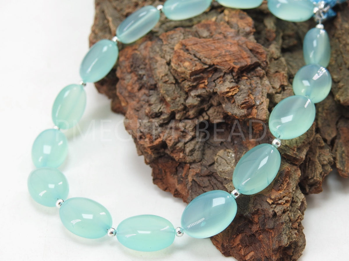 Aqua Blue Chalcedony Smooth Oval Tumble Beads, 14x10mm Polished Gemstone Strand, 10 Pieces Wholesale Jewelry Making Supplies