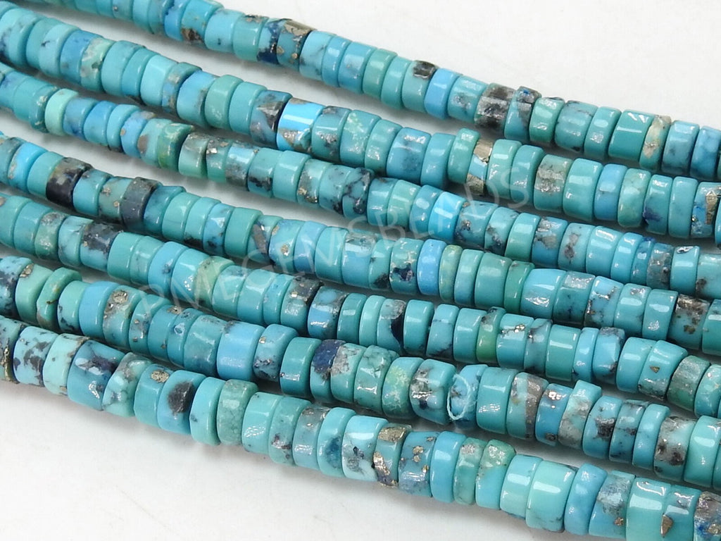 Natural Arizona Turquoise Smooth Tire Beads, Blue Wheel Coin Button Strand 9 Inches, Wholesale Gemstone Supplies for Jewelry Making PME-T4