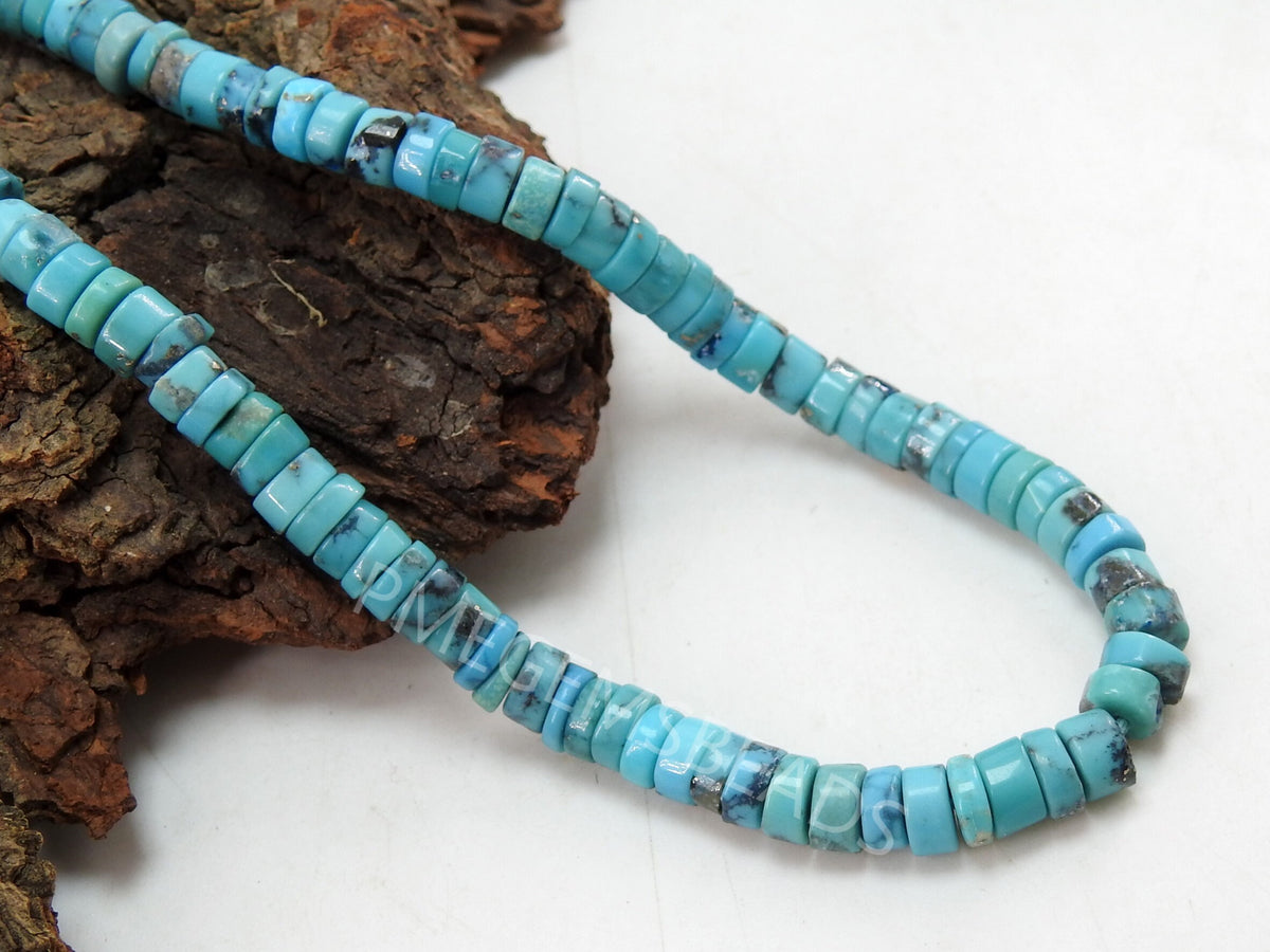 Natural Arizona Turquoise Smooth Tire Beads, Blue Wheel Coin Button Strand 9 Inches, Wholesale Gemstone Supplies for Jewelry Making PME-T4