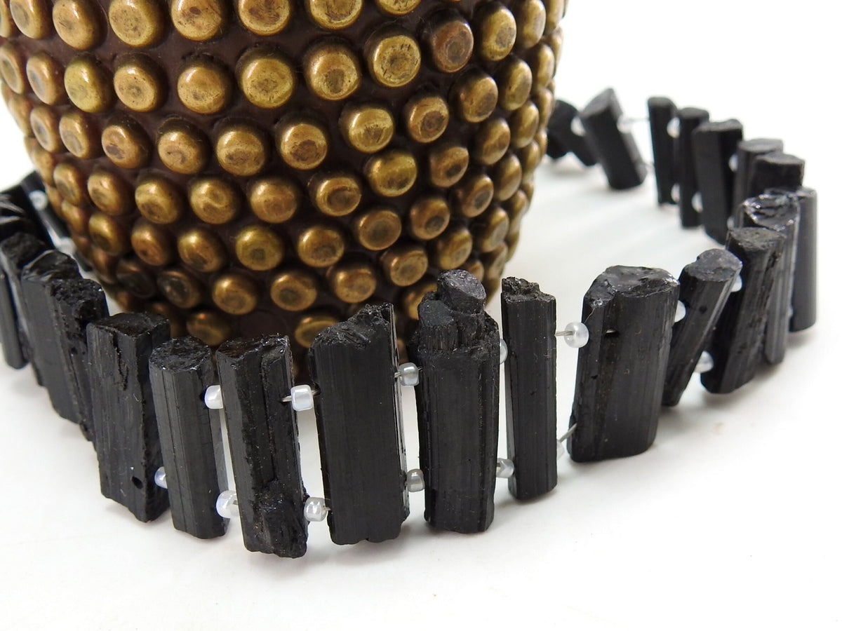 Black Tourmaline Natural Crystal Rough Stick, Double Drilled Healing Point Loose Raw Stone 8" Strand, 20x5mm To 15x5mm Jewelry Makers R6