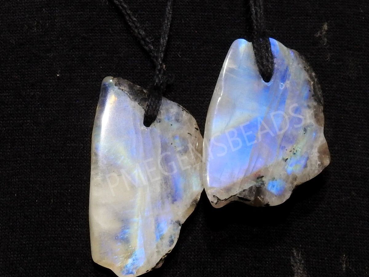 White Rainbow Moonstone Rough Slice Multi Flashy Fire Smooth Polished One Piece 40-50MM Long Drilled Gemstone Wholesale Jewelry Supply