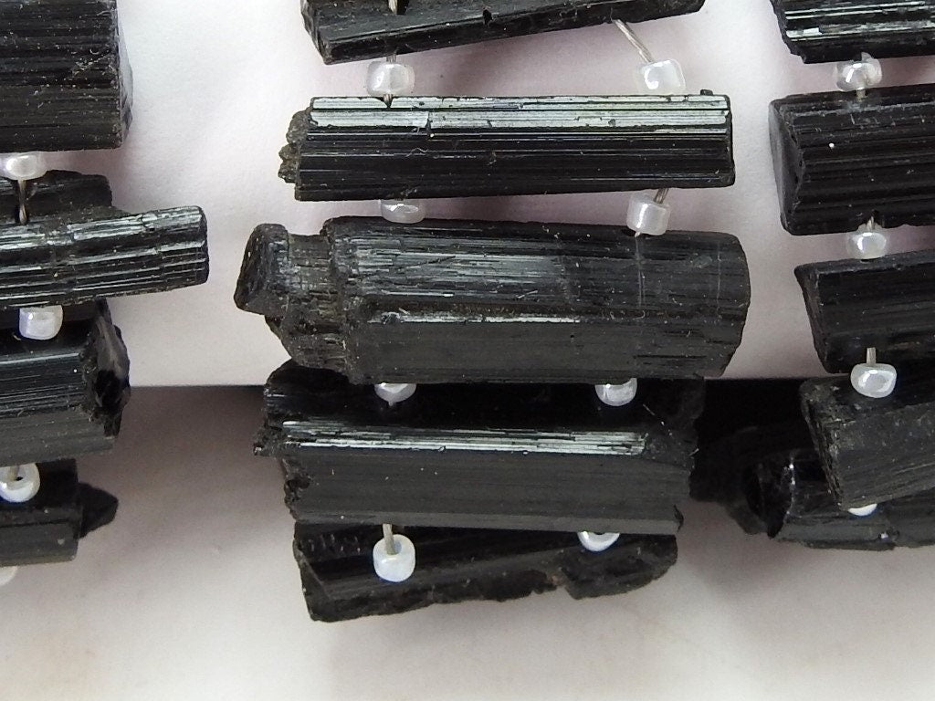 Black Tourmaline Natural Crystal Rough Stick, Double Drilled Healing Point Loose Raw Stone 8" Strand, 20x5mm To 15x5mm Jewelry Makers R6