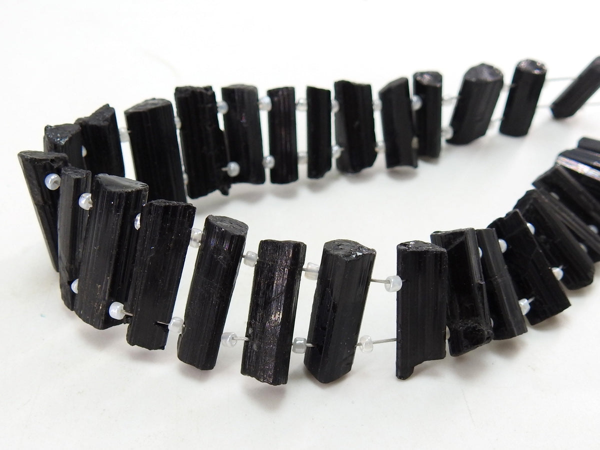 Black Tourmaline Natural Crystal Rough Stick, Double Drilled Healing Point Loose Raw Stone 8" Strand, 20x5mm To 15x5mm Jewelry Makers R6