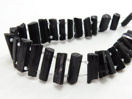 Black Tourmaline Natural Crystal Rough Stick, Double Drilled Healing Point Loose Raw Stone 8" Strand, 20x5mm To 15x5mm Jewelry Makers R6