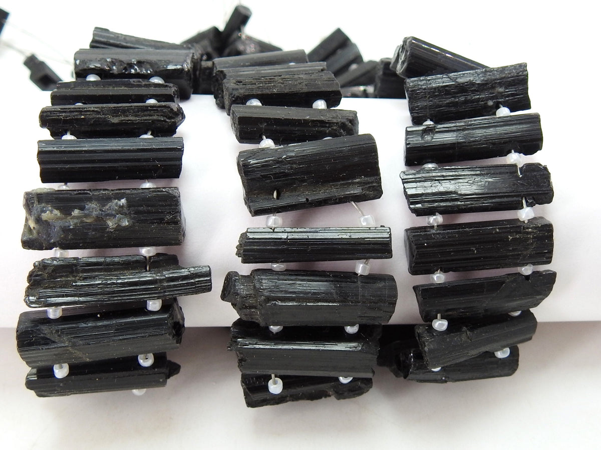 Black Tourmaline Natural Crystal Rough Stick, Double Drilled Healing Point Loose Raw Stone 8" Strand, 20x5mm To 15x5mm Jewelry Makers R6