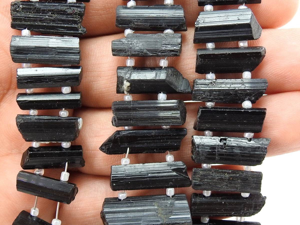 Black Tourmaline Natural Crystal Rough Stick, Double Drilled Healing Point Loose Raw Stone 8" Strand, 20x5mm To 15x5mm Jewelry Makers R6
