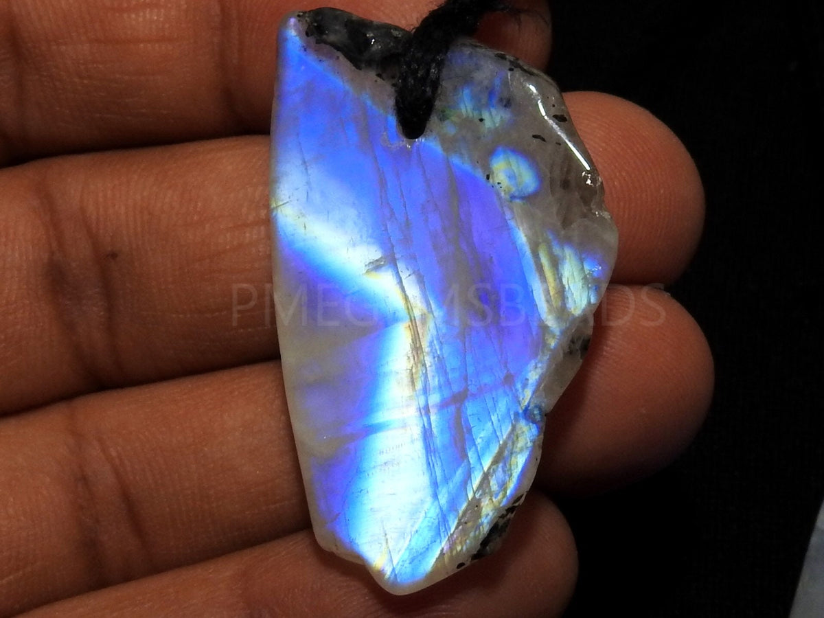 White Rainbow Moonstone Rough Slice Multi Flashy Fire Smooth Polished One Piece 40-50MM Long Drilled Gemstone Wholesale Jewelry Supply