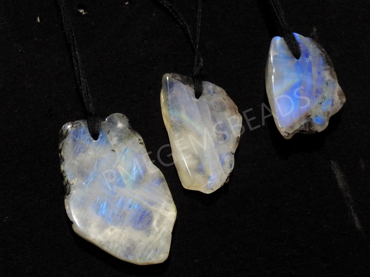 White Rainbow Moonstone Rough Slice Multi Flashy Fire Smooth Polished One Piece 40-50MM Long Drilled Gemstone Wholesale Jewelry Supply