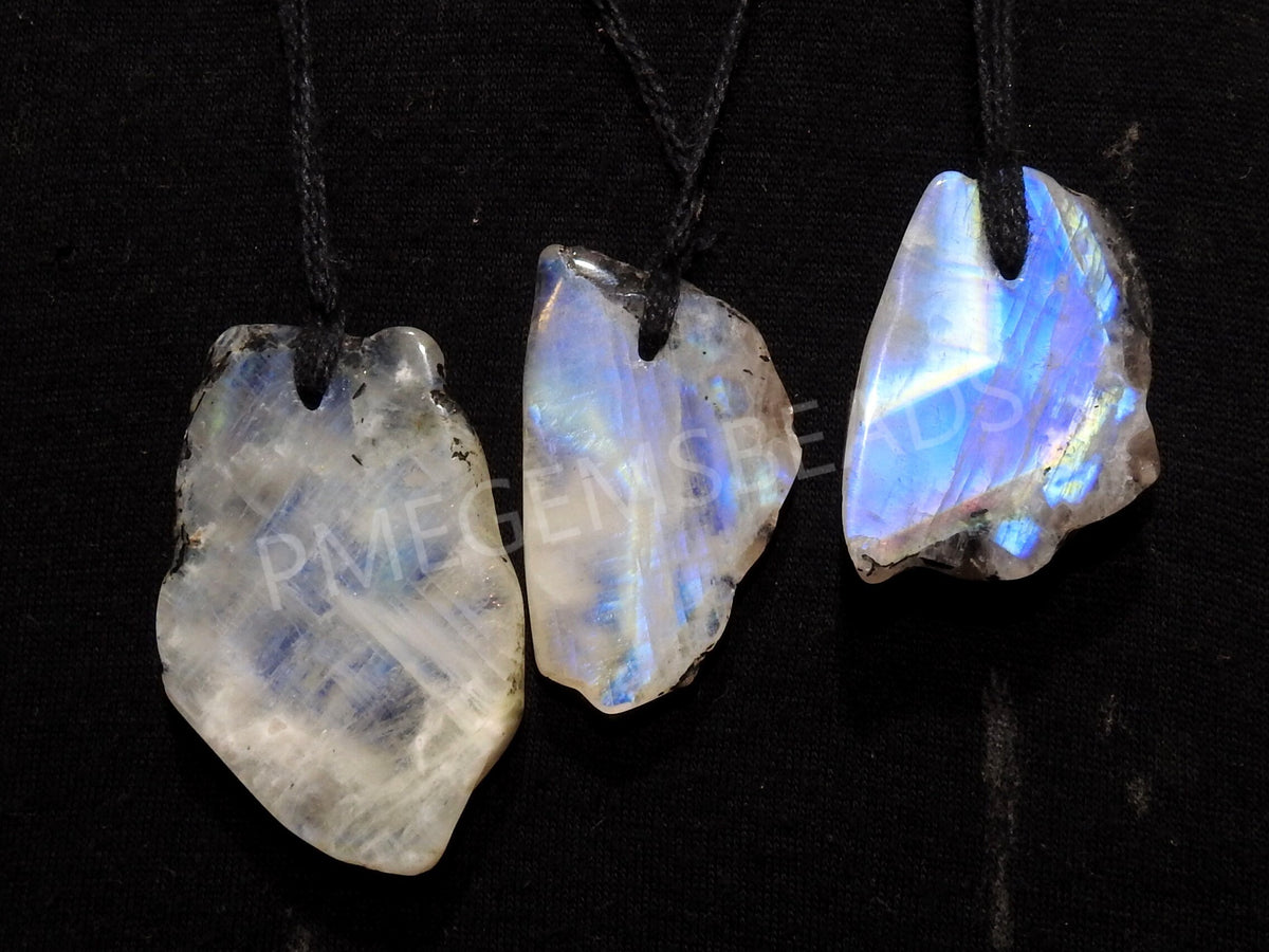 White Rainbow Moonstone Rough Slice Multi Flashy Fire Smooth Polished One Piece 40-50MM Long Drilled Gemstone Wholesale Jewelry Supply