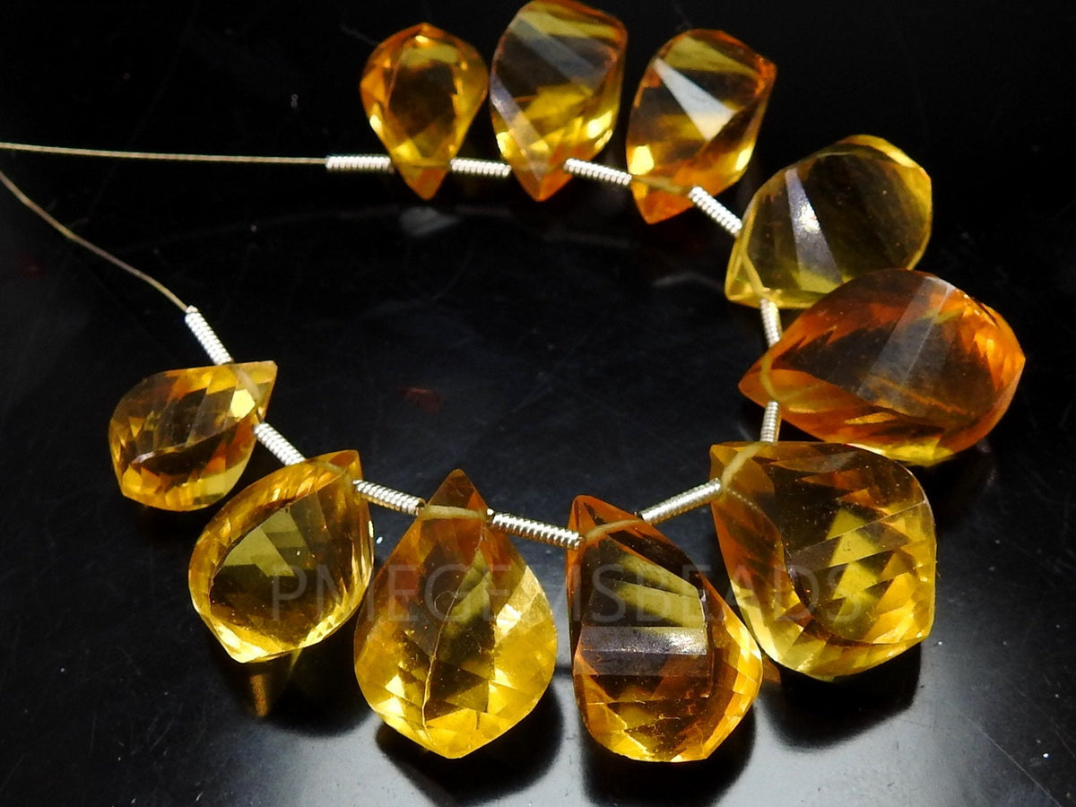 Citrine Yellow Quartz Faceted Twisted Drop 10Piece Strand 18X10 To 12X10MM Briolette Loose Stone Wholesale Supplies Jewelry Making Bead