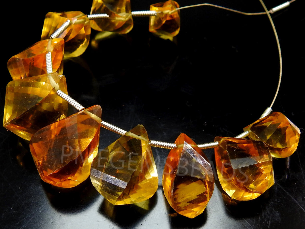 Citrine Yellow Quartz Faceted Twisted Drop 10Piece Strand 18X10 To 12X10MM Briolette Loose Stone Wholesale Supplies Jewelry Making Bead