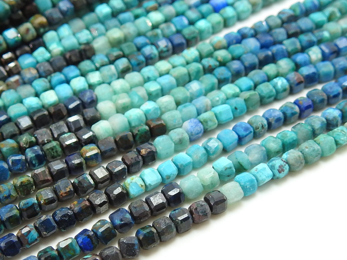 Chrysocolla Multi Shaded Faceted Cube Box Bead-13Inch 3MM Approx-Wholesaler Supplies-New Arrival-Natural Stone PME-CB2