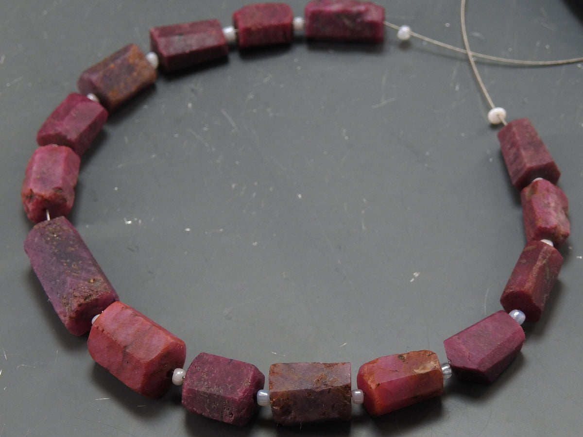 Matte Polished Ruby Crystal Tube, 8" Natural Stone Strand, Faceted Loose Beads, Pink Gemstone Spacer, Unique Jewelry Making Supplies