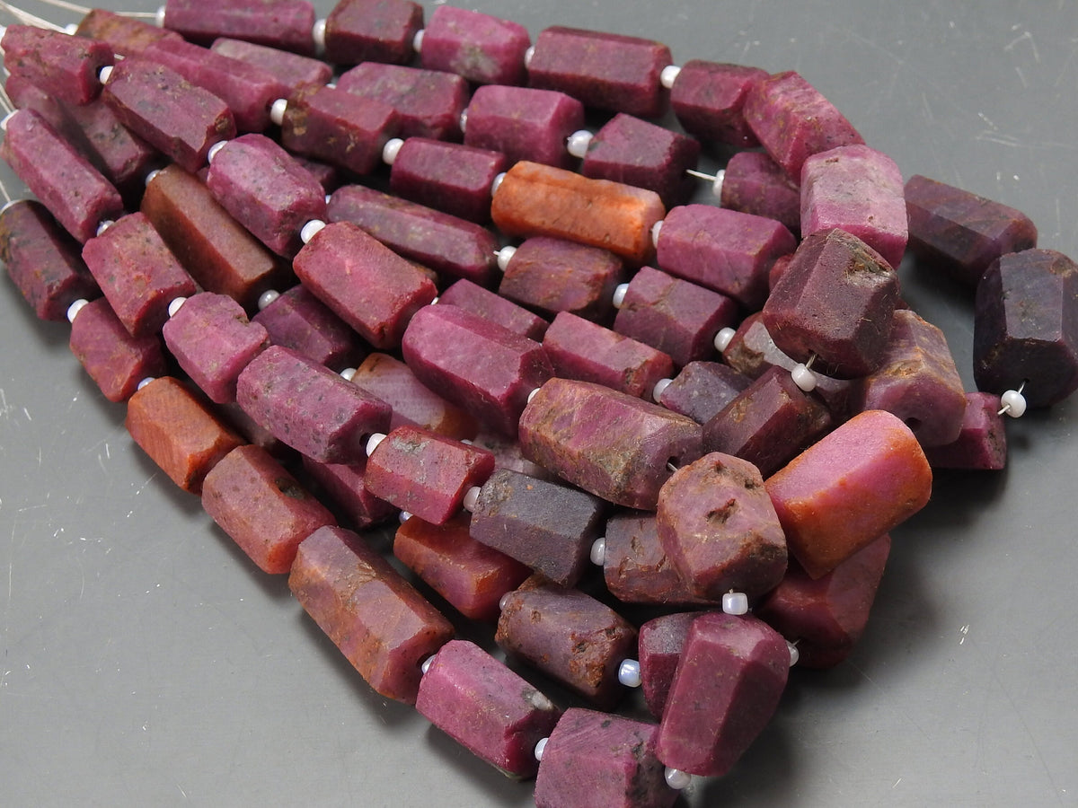 Matte Polished Ruby Crystal Tube, 8" Natural Stone Strand, Faceted Loose Beads, Pink Gemstone Spacer, Unique Jewelry Making Supplies