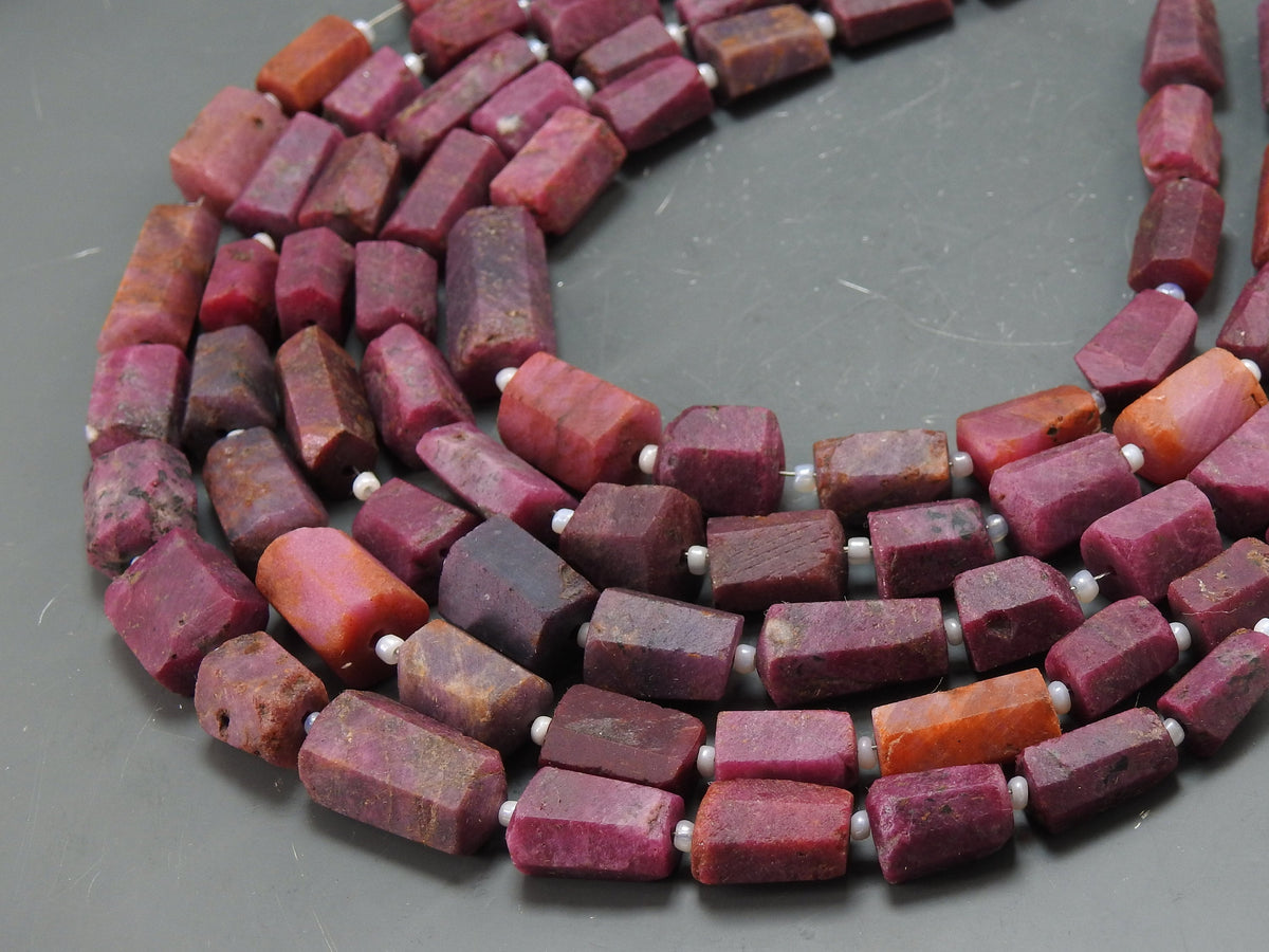 Matte Polished Ruby Crystal Tube, 8" Natural Stone Strand, Faceted Loose Beads, Pink Gemstone Spacer, Unique Jewelry Making Supplies