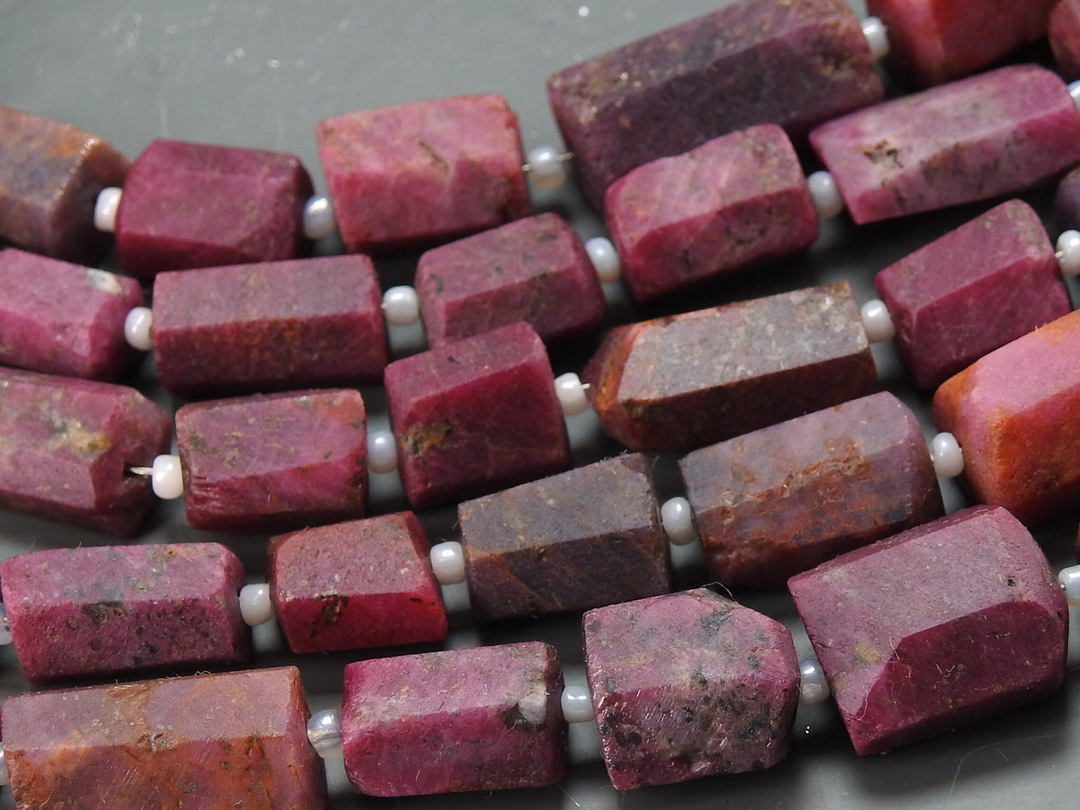 Matte Polished Ruby Crystal Tube, 8" Natural Stone Strand, Faceted Loose Beads, Pink Gemstone Spacer, Unique Jewelry Making Supplies