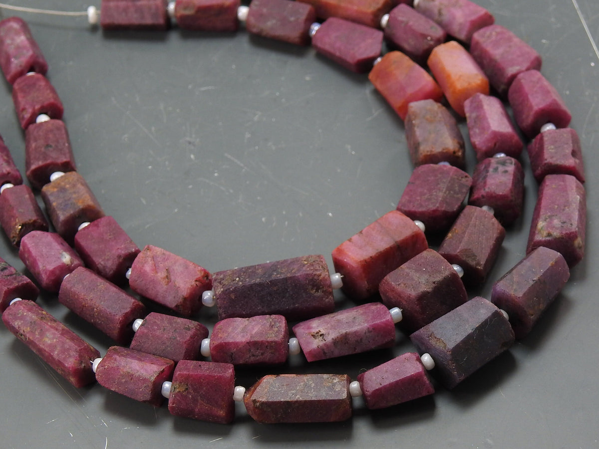 Matte Polished Ruby Crystal Tube, 8" Natural Stone Strand, Faceted Loose Beads, Pink Gemstone Spacer, Unique Jewelry Making Supplies