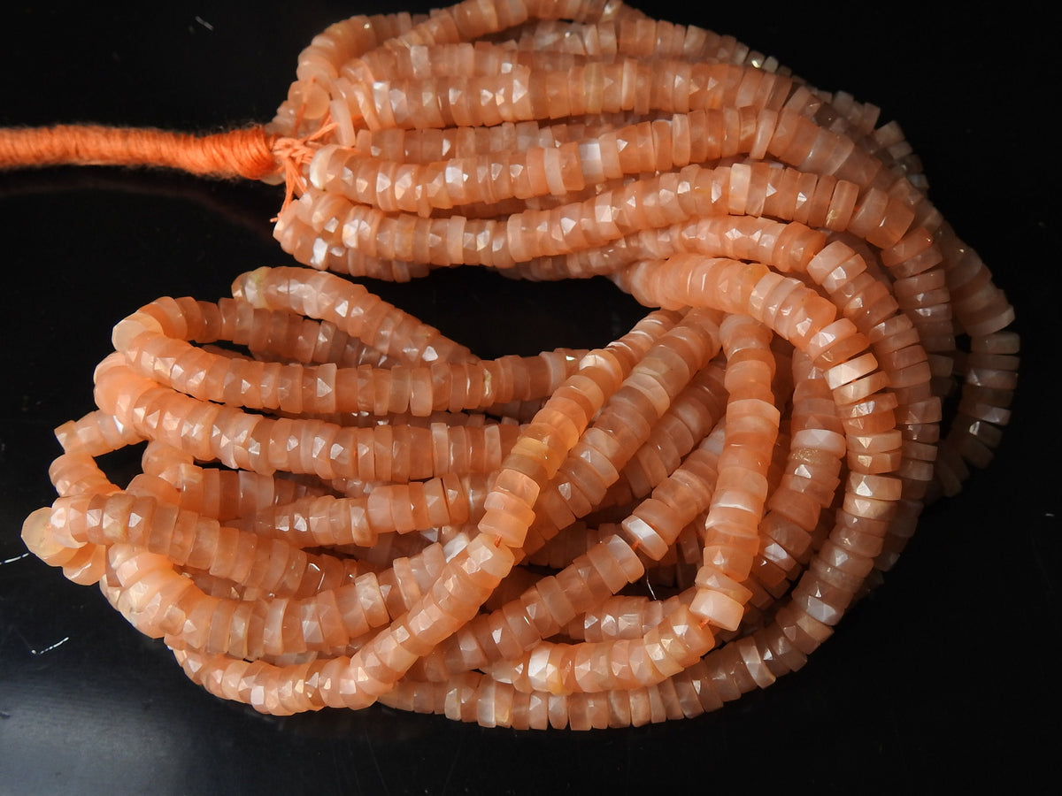 Peach Moonstone Faceted Tire Beads, 6-7mm Coin Button Wheel Strand, Natural Gemstone Craft Supplies Wholesale PME-T4
