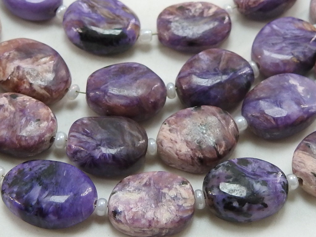 Natural Charoite Smooth Oval Shape Tumble Bead, 8 Inches Strand, 13x10 To 10x9mm Wholesaler Supplies, Purple Russian Gemstone Jewelry Making