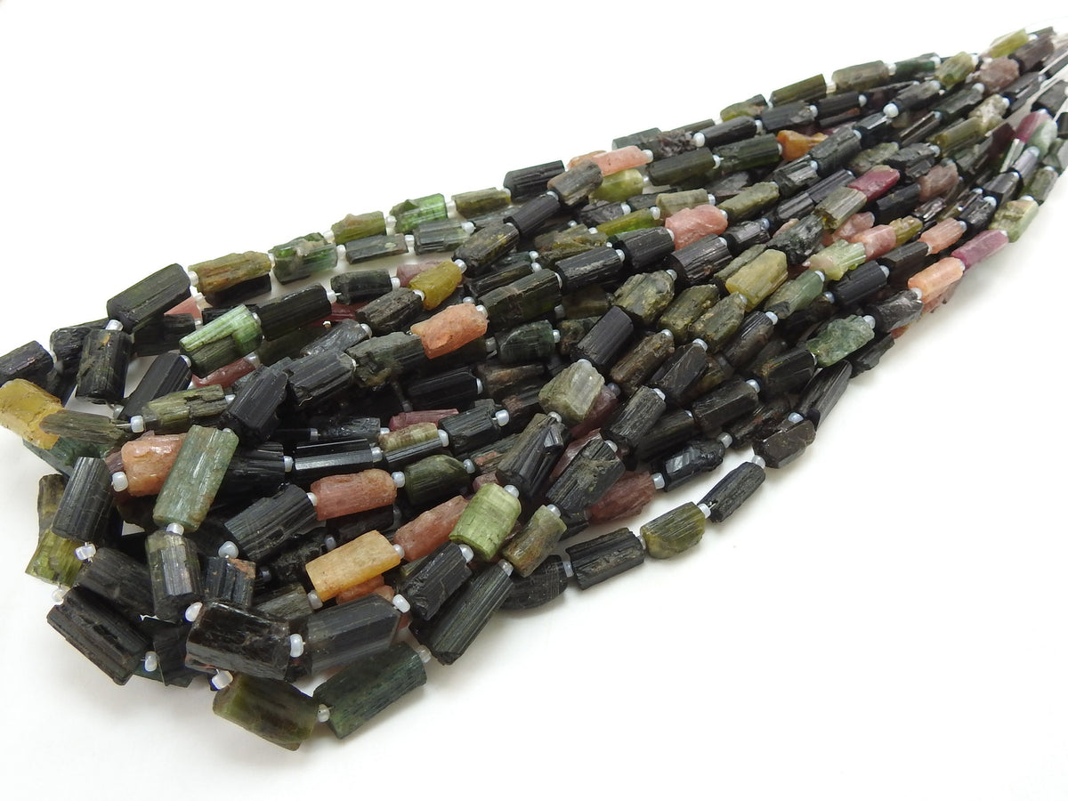 Multi Tourmaline Raw Tube Beads, Natural Rough Crystal 5x3-14x5mm 16 Inch Strand, Loose Gemstone Beads for DIY Jewelry Crafting Supplies RB2