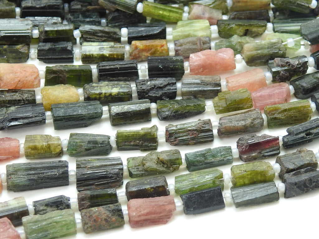 Multi Tourmaline Raw Tube Beads, Natural Rough Crystal 5x3-14x5mm 16 Inch Strand, Loose Gemstone Beads for DIY Jewelry Crafting Supplies RB2