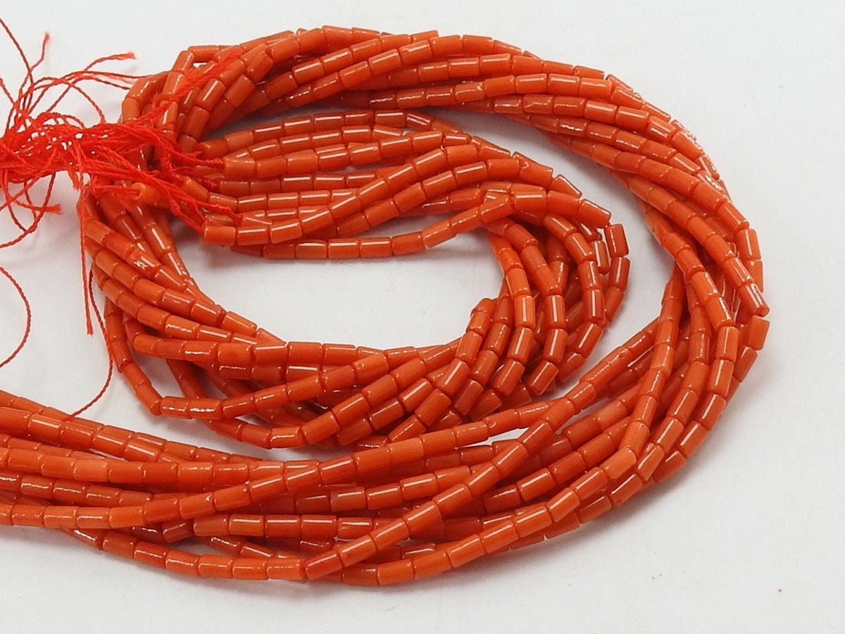 Red Coral Smooth Tube Beads, Natural Drum Barrel Strand, 4x3mm Spacer Beads, Bamboo Coral Cylinder Beads for Jewelry Making, 16Inches BK-CR2