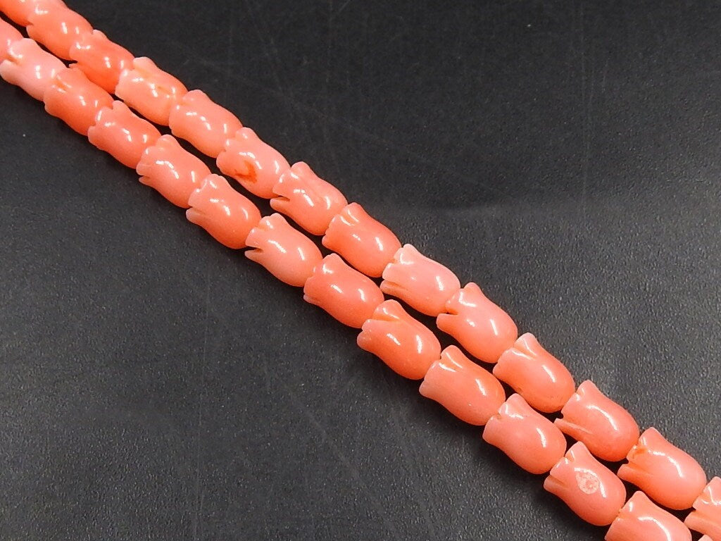 Pink Coral Flower Beads, Carved Tulip Plant Shape, 15 Inch Strand, 6x5mm Organic Sea Blossom, Unique Botanical Jewelry Making Supplies