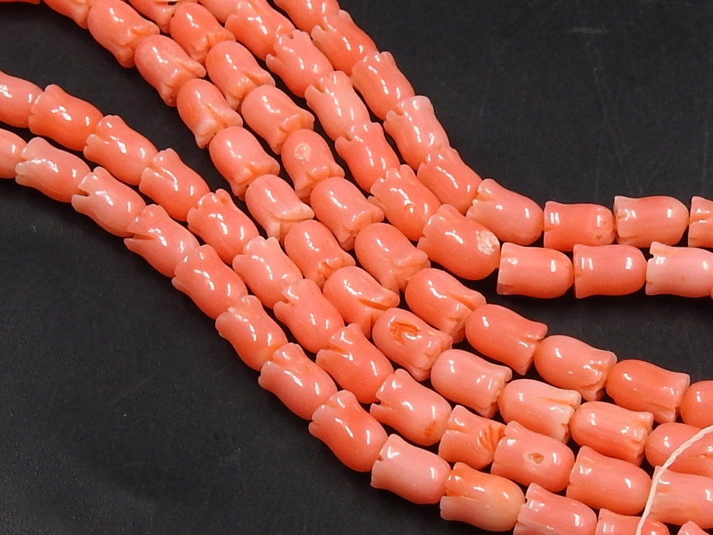 Pink Coral Flower Beads, Carved Tulip Plant Shape, 15 Inch Strand, 6x5mm Organic Sea Blossom, Unique Botanical Jewelry Making Supplies