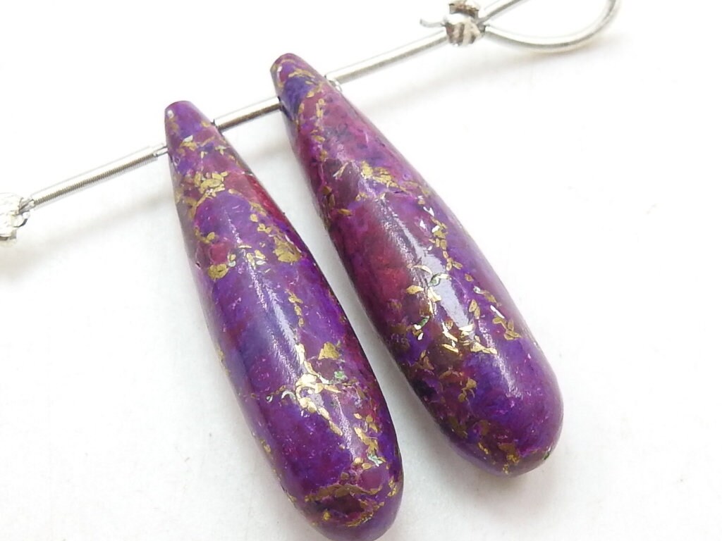 Copper Turquoise Elongated Drop Beads Matched Pair, 35mm Long Smooth Loose Stone 2 Piece Set for Earring Jewelry Making Supplies PME-CY3