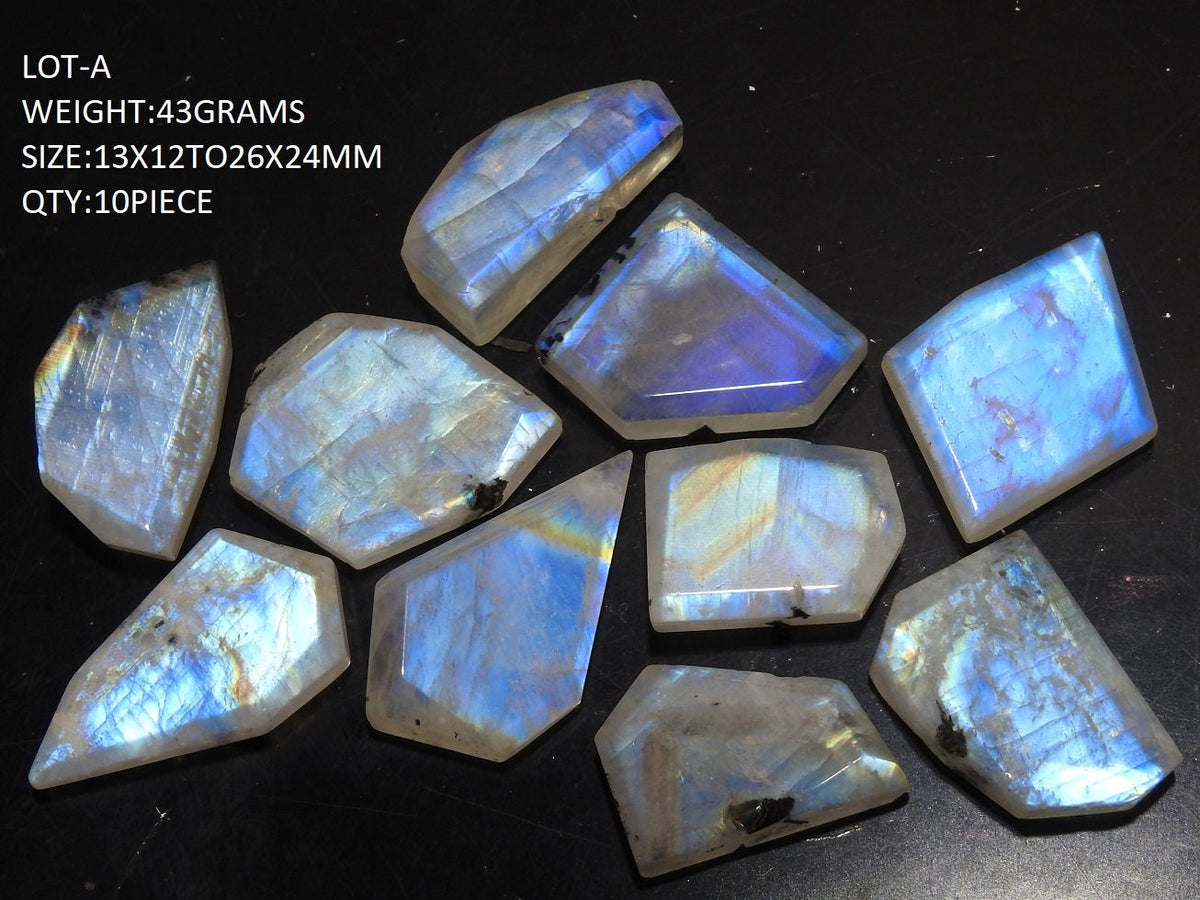 Natural Rainbow Moonstone Cabochon Faceted Fancy Shape Loose Gemstone Lot, Multi Flashy Blue Fire Stones for Jewelry Making C3