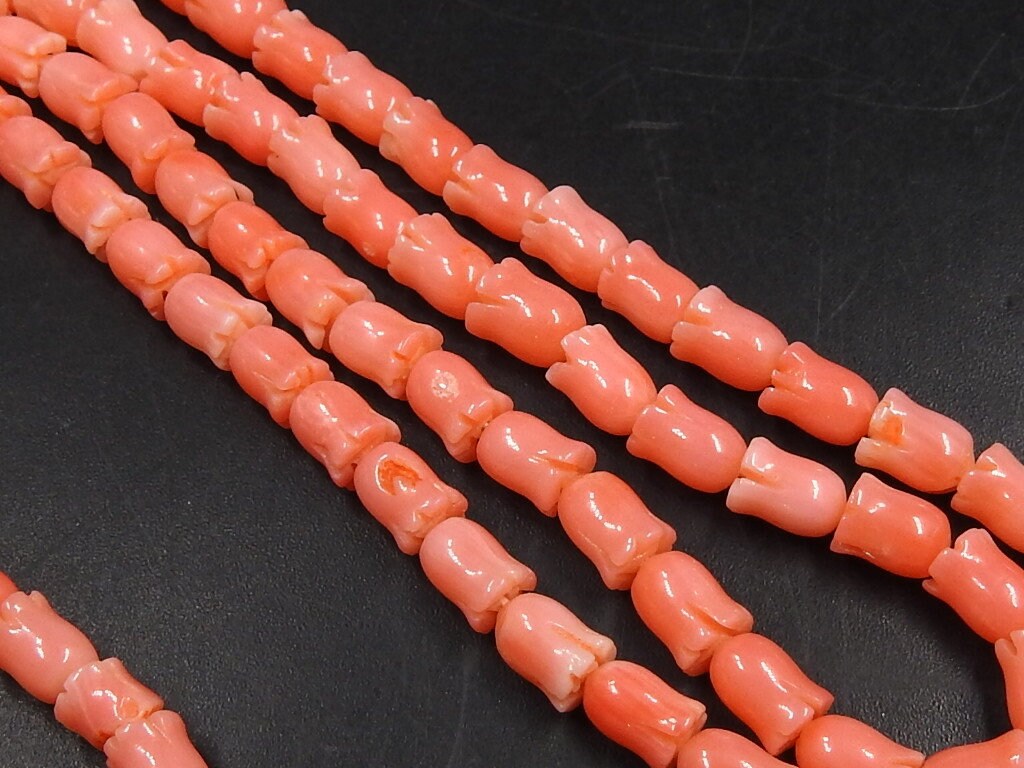 Pink Coral Flower Beads, Carved Tulip Plant Shape, 15 Inch Strand, 6x5mm Organic Sea Blossom, Unique Botanical Jewelry Making Supplies