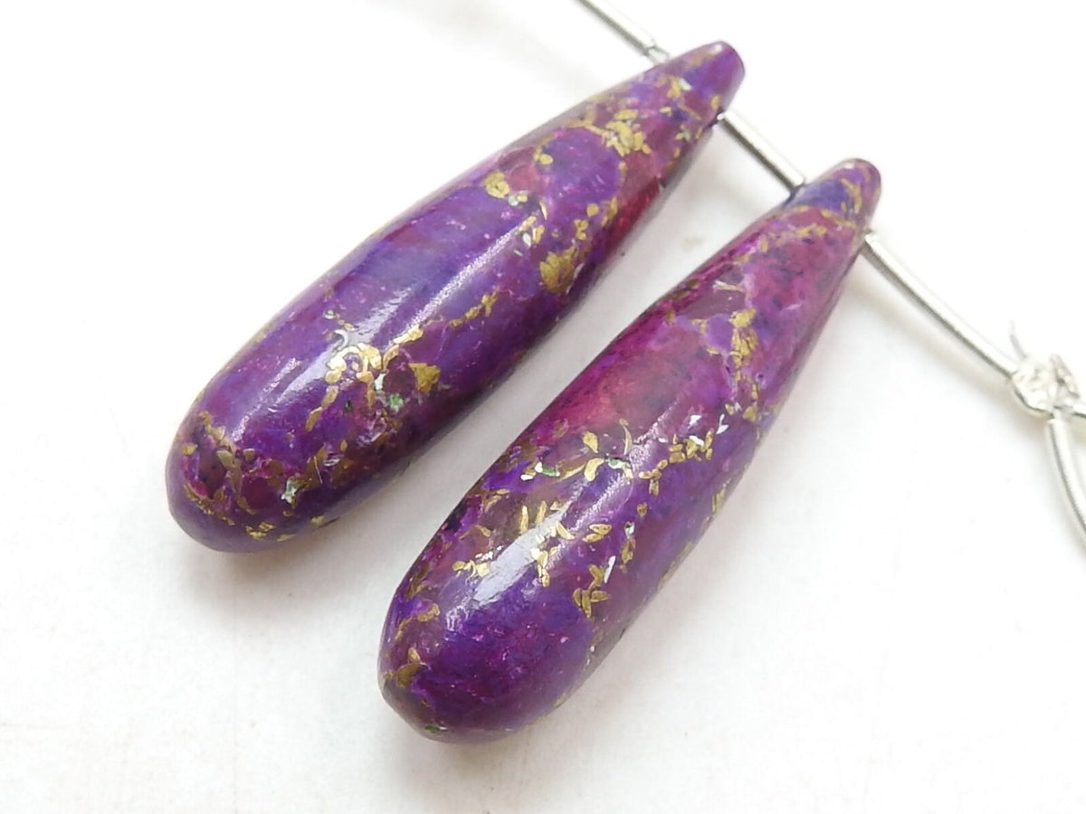 Copper Turquoise Elongated Drop Beads Matched Pair, 35mm Long Smooth Loose Stone 2 Piece Set for Earring Jewelry Making Supplies PME-CY3