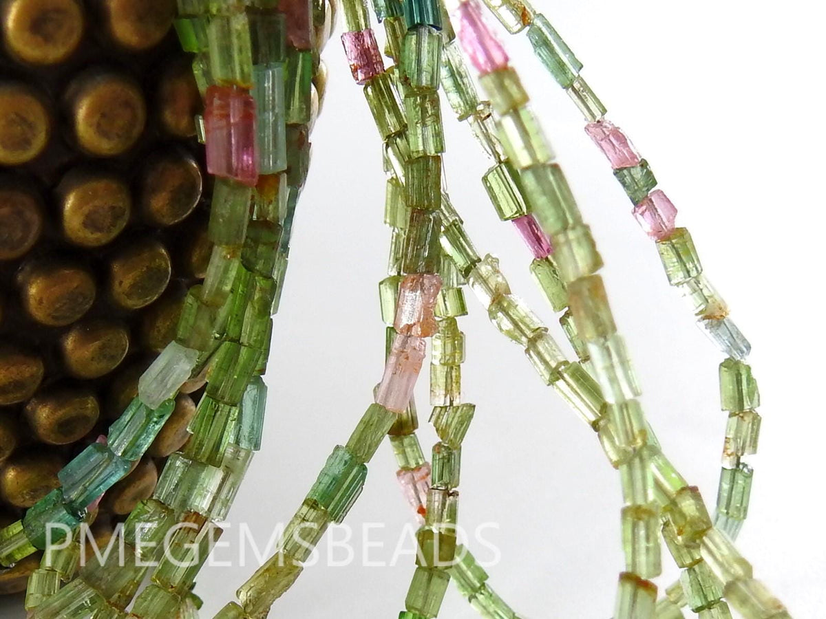 Natural Multi Color Tourmaline Crystal Rough Tube Beads, 10" Polished 4x2mm Gemstone Strand PME-RB2