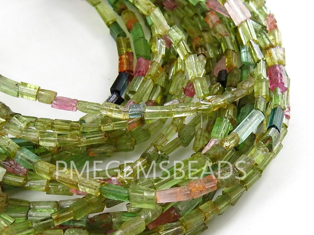 Natural Multi Color Tourmaline Crystal Rough Tube Beads, 10" Polished 4x2mm Gemstone Strand PME-RB2