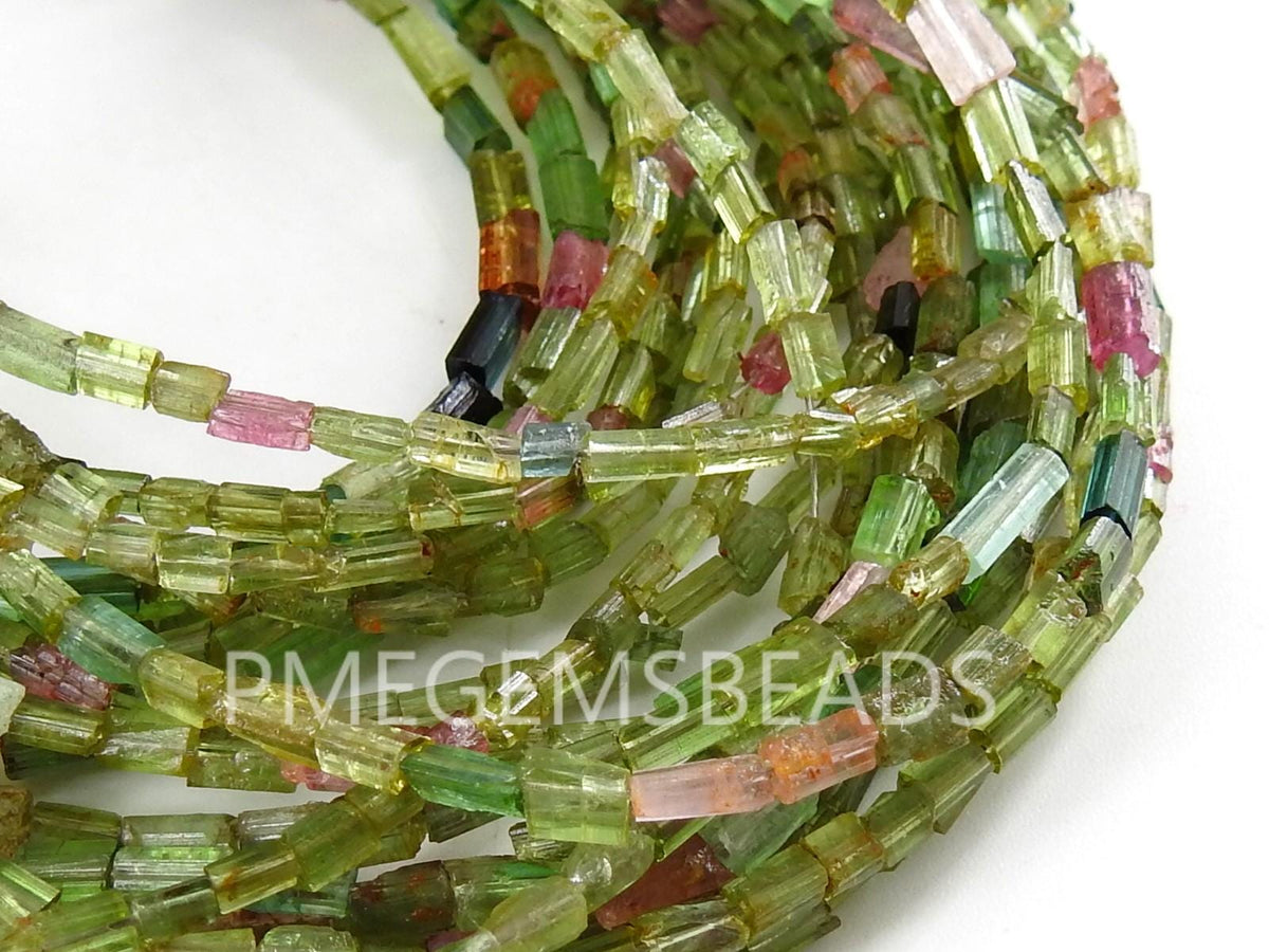 Natural Multi Color Tourmaline Crystal Rough Tube Beads, 10" Polished 4x2mm Gemstone Strand PME-RB2