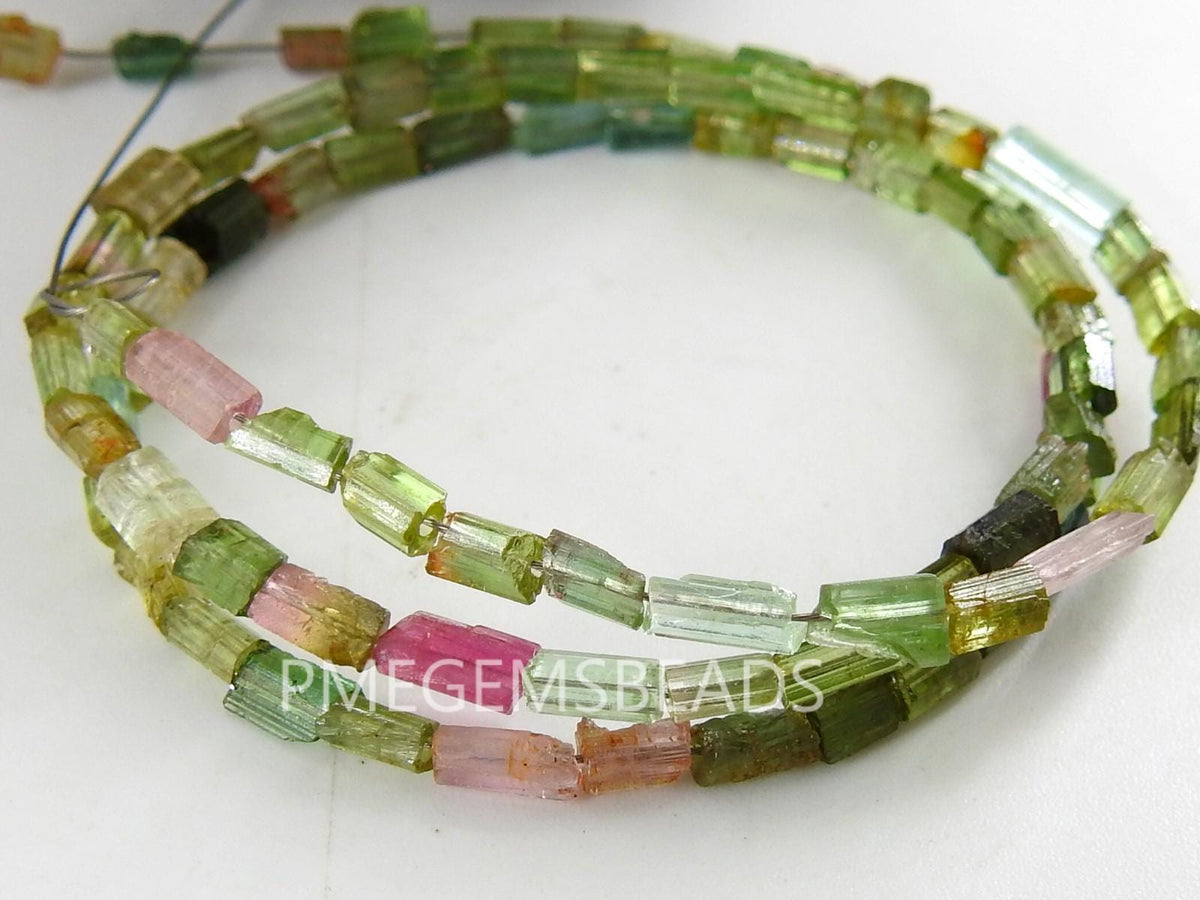 Natural Multi Color Tourmaline Crystal Rough Tube Beads, 10" Polished 4x2mm Gemstone Strand PME-RB2