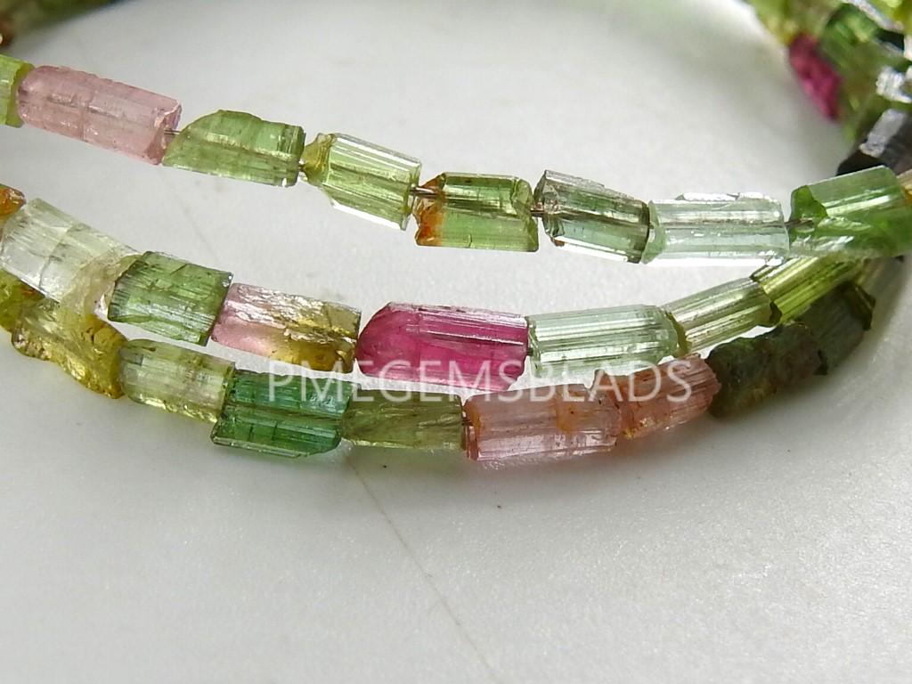 Natural Multi Color Tourmaline Crystal Rough Tube Beads, 10" Polished 4x2mm Gemstone Strand PME-RB2