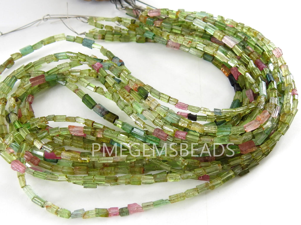 Natural Multi Color Tourmaline Crystal Rough Tube Beads, 10" Polished 4x2mm Gemstone Strand PME-RB2