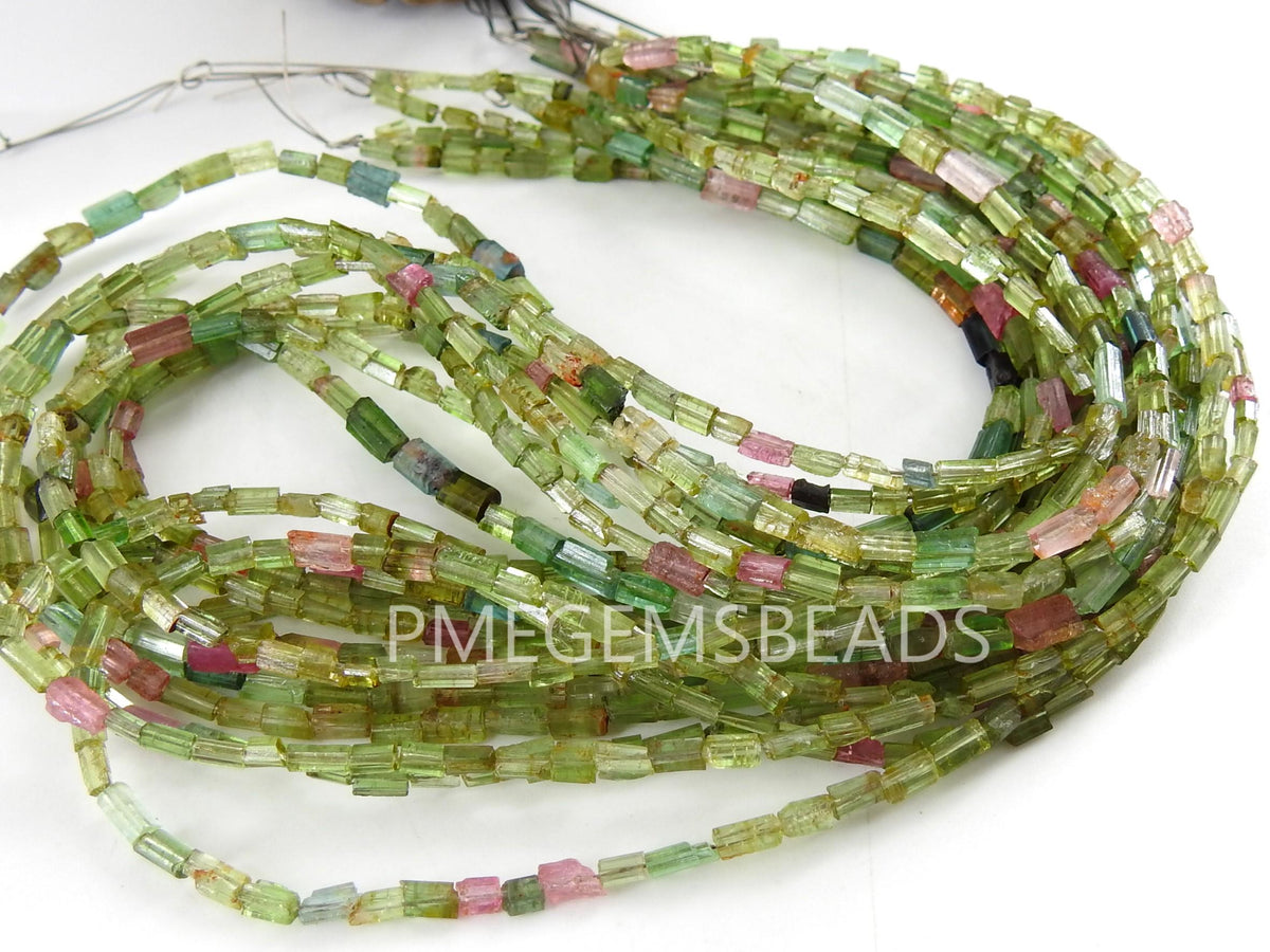 Natural Multi Color Tourmaline Crystal Rough Tube Beads, 10" Polished 4x2mm Gemstone Strand PME-RB2