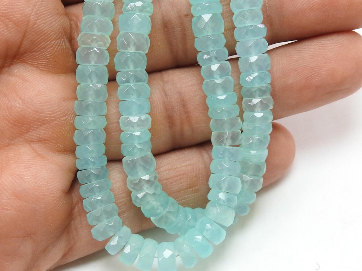 Natural Aqua Blue Chalcedony Faceted Coin Beads 14 Inches | 6-7mm Polished Button Wheel Strand | Jewelry Making Supplies Wholesale PME-CY2