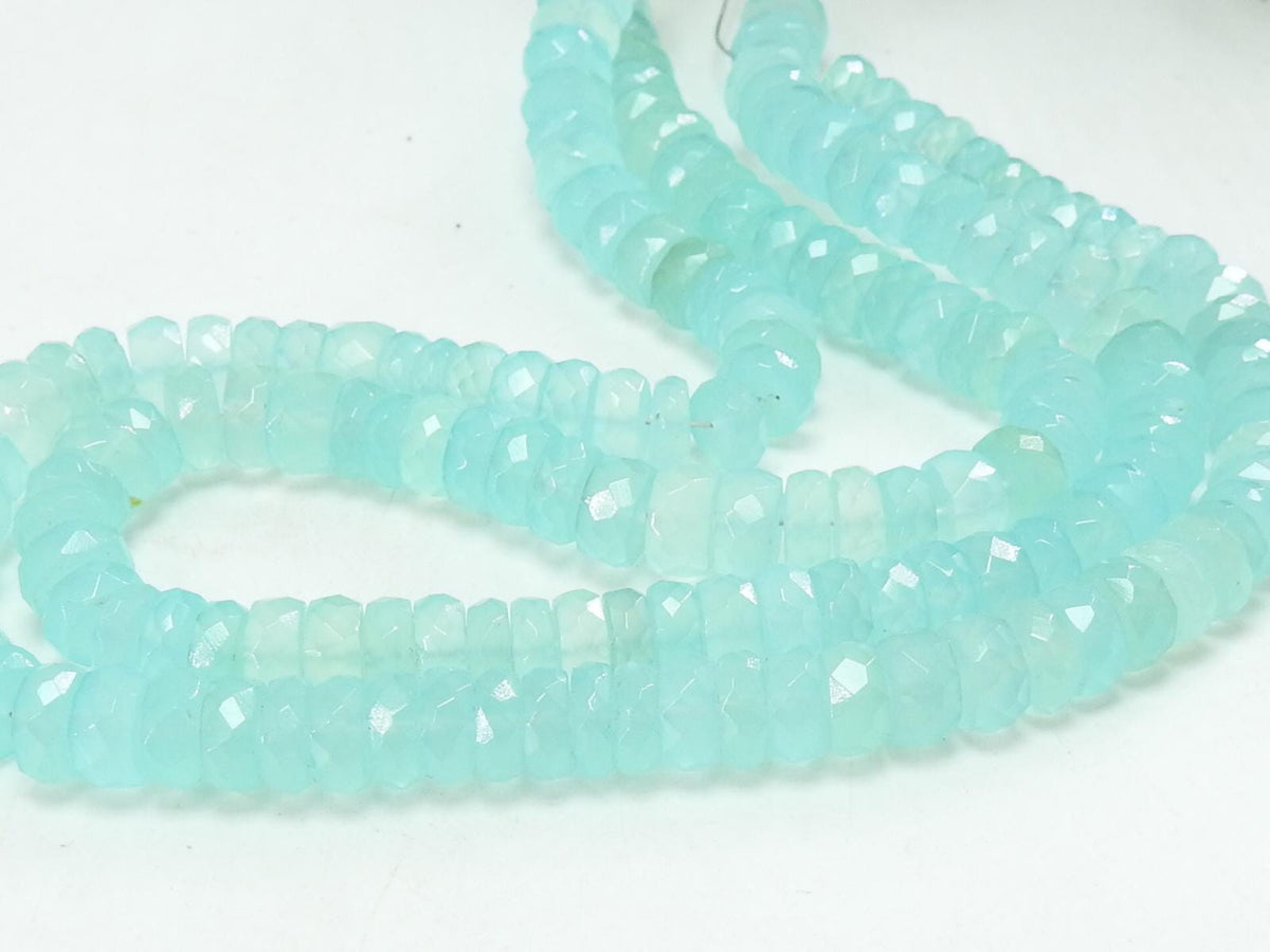 Natural Aqua Blue Chalcedony Faceted Coin Beads 14 Inches | 6-7mm Polished Button Wheel Strand | Jewelry Making Supplies Wholesale PME-CY2